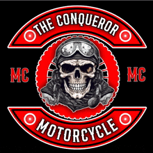 a logo for the conqueror motorcycle club with a skull wearing a helmet and goggles