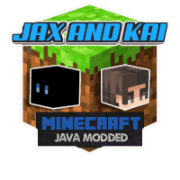 a logo for jax and kai minecraft java modded with a minecraft block