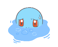 a cartoon drawing of a blue pokemon with red eyes and a sad look on its face