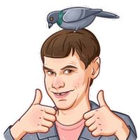 a man with a pigeon on his head giving a thumbs up