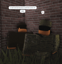 two soldiers are talking in front of a brick wall and one of them says brb