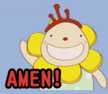 a cartoon character with a crown on his head and the word amen on the bottom