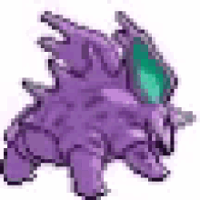 a pixel art of a purple monster with a green eye and wings .