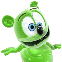 a green gummy bear with blue eyes and a black nose on a white background