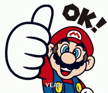 a cartoon of mario giving a thumbs up with the words ok yeah below him