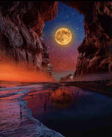 a full moon shines brightly over a body of water surrounded by rocks