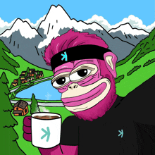 a cartoon of a gorilla holding a cup of coffee in front of mountains