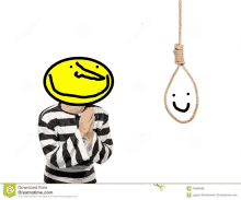 a prisoner with a smiley face on his head praying in front of a noose