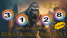 a poster for king kong pools shows a gorilla with numbers around it