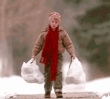 a young boy wearing a red scarf and a hat is walking down a snowy path carrying two plastic bags