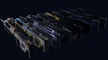 a bunch of futuristic weapons are lined up in a row on a dark background