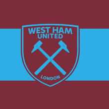 a logo for west ham united london with two crossed hammers on a red and blue background