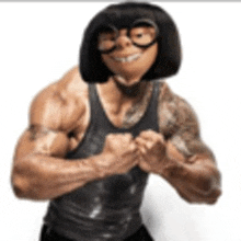 a very muscular man with glasses and a wig on his head .