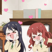 two anime girls with hearts coming out of the air