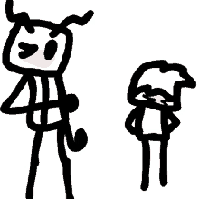 a drawing of two stick figures standing next to each other on a white background