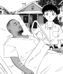 a black and white drawing of a man laying in a hospital bed next to a boy