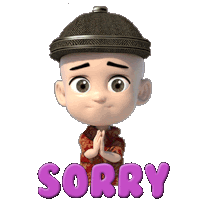 a cartoon character says sorry in purple letters on a white background