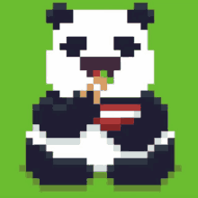 a panda bear in a pixel art style is eating a piece of sushi .