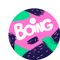 a pink and green circle with the word boing in white letters