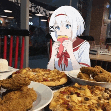 a cartoon girl is eating a slice of pizza