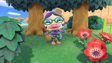 a cartoon character wearing glasses and a hat is standing in the grass near some flowers