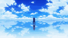 a person standing in the middle of a body of water with a blue sky and white clouds