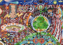 a colorful painting with a green circle with a cross in the middle