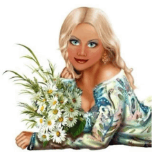 a woman is laying down with a bouquet of daisies in her hands .