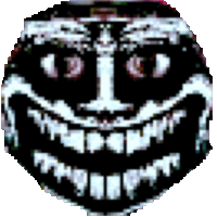 a pixel art drawing of a troll face with a big smile