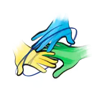 a drawing of a blue yellow and green hand