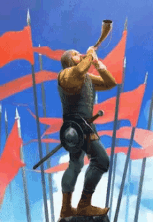 a painting of a man blowing a horn with red flags behind him