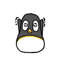 a drawing of a penguin with big eyes and a yellow beak on a white background .