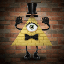 a yellow pyramid with a black bow tie and top hat