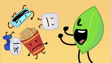 a group of cartoon characters including a leaf and a french fries box