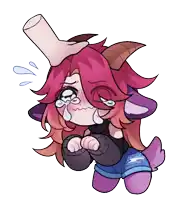 a cartoon drawing of a girl with horns crying with a hand on her head