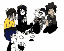 a drawing of a group of people sitting around a table with a man holding a newspaper that says ya r