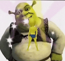 shrek is standing next to a woman in a bikini on a white background .