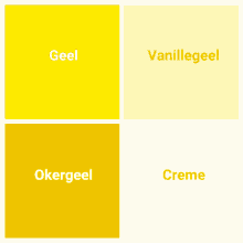 four yellow squares with the words geel vanillegeel and okergeel