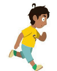 a young boy is running in a yellow shirt and blue shorts .