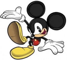 a cartoon drawing of mickey mouse with a yellow shoe on his foot