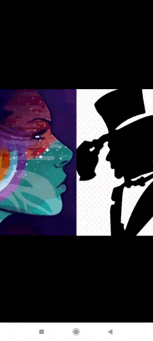 a colorful painting of a woman and a silhouette of a man in a top hat .