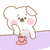 a cartoon dog is sitting at a table with a cup of coffee in front of him