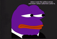 a purple frog in a tuxedo with the words " when i sent the yellow emoji " written below it