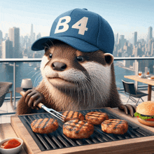 an otter wearing a b4 hat is grilling meatballs on a grill