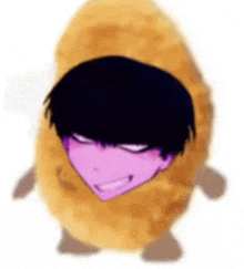 a person with purple hair is wearing a nugget costume with a purple face .