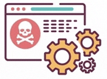 a computer screen with a skull and crossbones and gears around it .