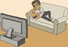 a cartoon drawing of a man laying on a couch watching tv