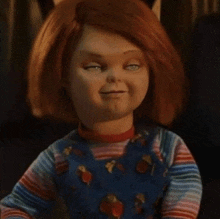 a close up of a child 's play doll making a face .