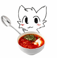 a drawing of a cat next to a bowl of soup with a spoon