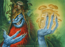 a painting of a troll holding a bunch of mushrooms in his hands